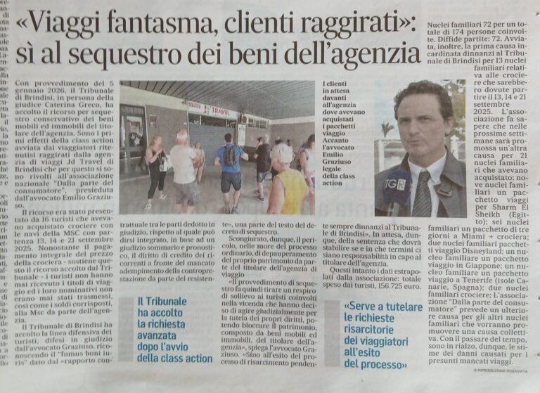 RASSEGNA STAMPA VIAGGI FANTASMA: DISPOSTO IL SEQUESTRO CONSERVATIVO