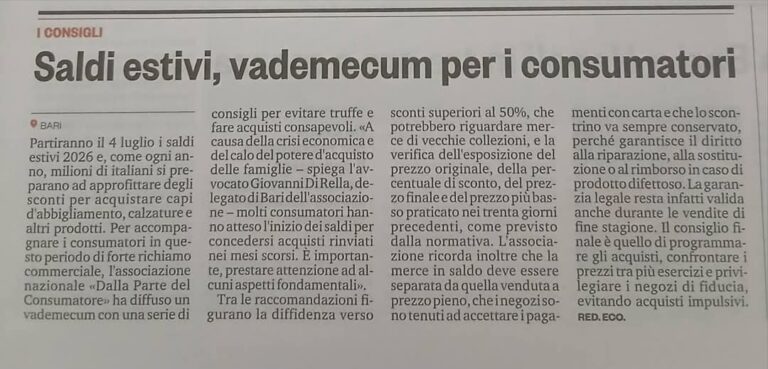RASSEGNA STAMPA VADEMECUM SALDI ESTIVI 2026
